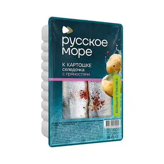 [4605561015904] Филе сельди Т/О слабосол. "Русское море" "Селедочка к картошке" с пряностями в масле 400г 1/6 РМ